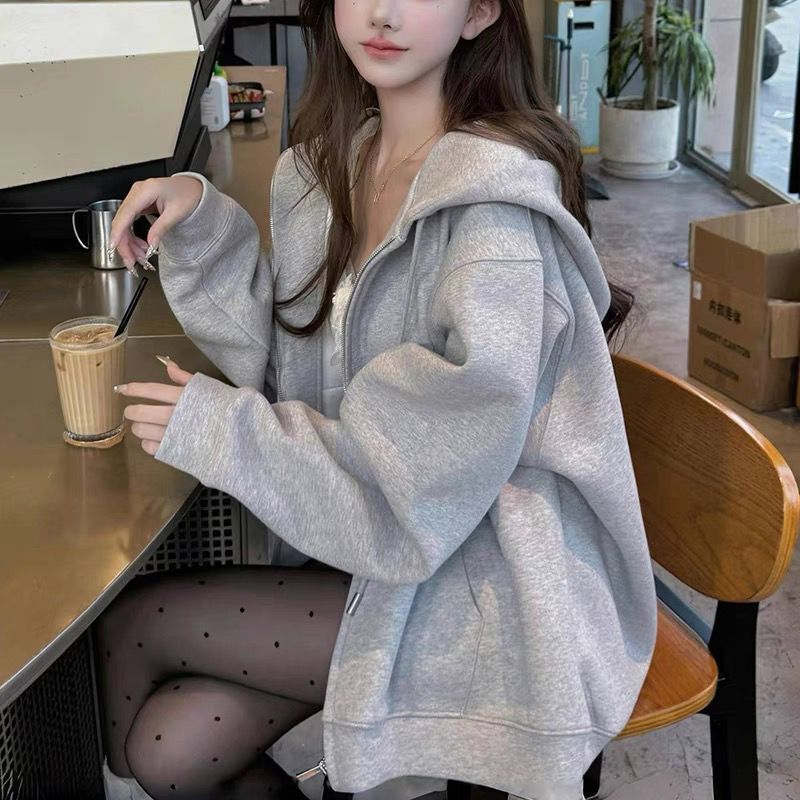 Grey Sweater Coat Women's Spring and Autumn Thin Korean Style Laid-back American Style Chic Loose Hooded Zipper Cardigan Top