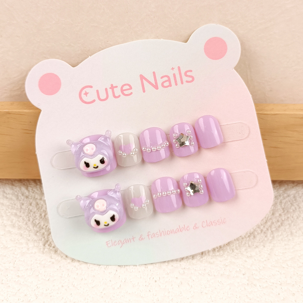 Pegatinas de uñas de alta gama con forma de estrella de cinco puntas, piezas de uñas infantiles con diseño de Kuromi, 10 piezas de uñas para niños con pedrería.