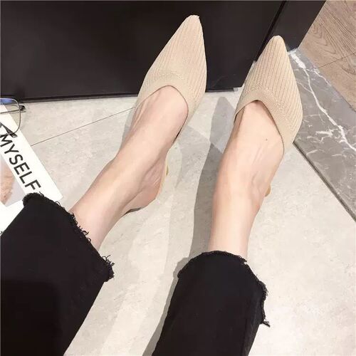 Half Slipper Women's Outerwear 2024 Trendy Knit Rough Heel Sandals Outerwear Pointed High Heels Women's Mule Shoes