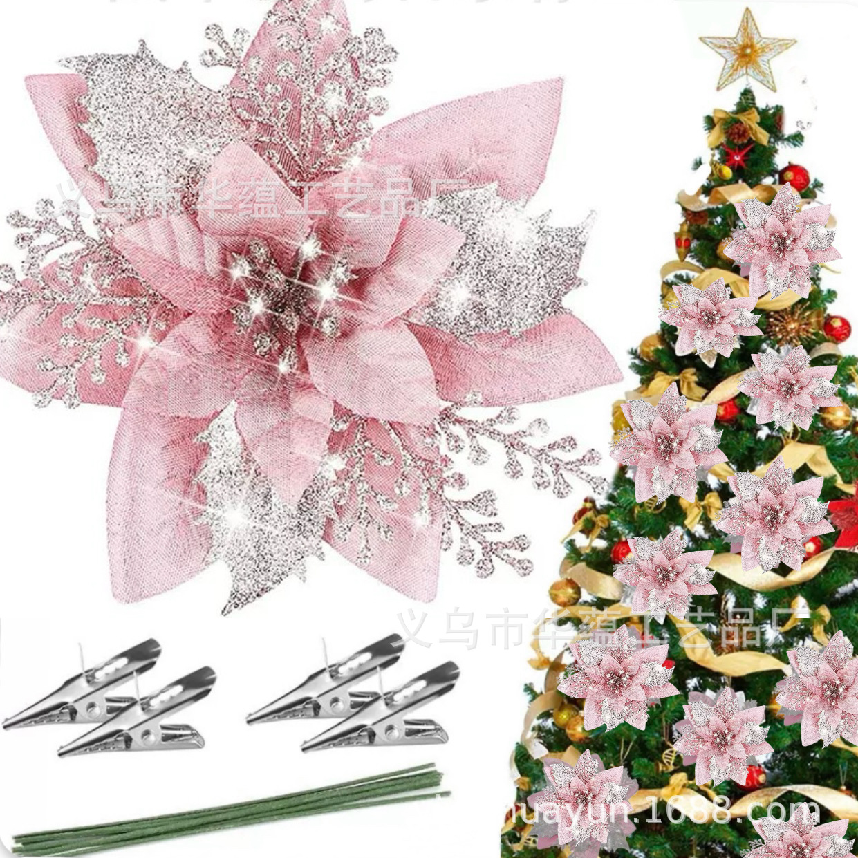 Plata transfronteriza rosa oro polvo flores de Navidad decoración de árbol de Navidad accesorios de guirlanda de Navidad decoración de vacaciones al por mayor