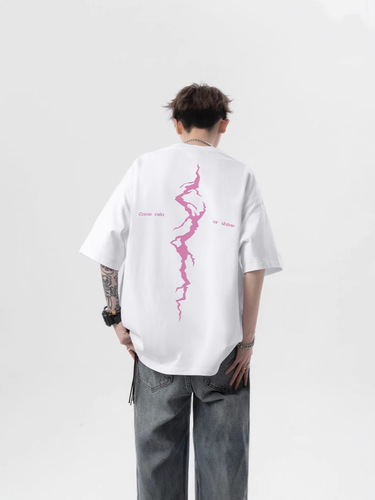 American Heavyweight Lightning Print Short-Sleeve T-Shirt for Men - 2025 Summer Trendy Brand Casual Loose Half-Sleeve T-Shirt