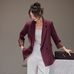梅子色韩版休闲小西装外套女2025春秋高级感双排扣西服上衣长袖