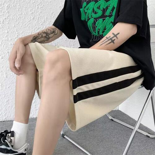 Waffle Short Shorts for Men - Summer Striped Athletic Fashion Trendy Cool Outerwear Basketball Wide Leg Five-Eighth American Loose