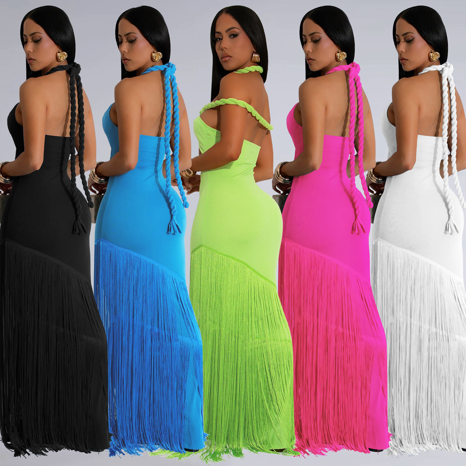 C7453 Cross-border AliExpress Amazon Vestido de verano para mujer de moda europea y americana Vestido superior de tubo con costuras con flecos image 3