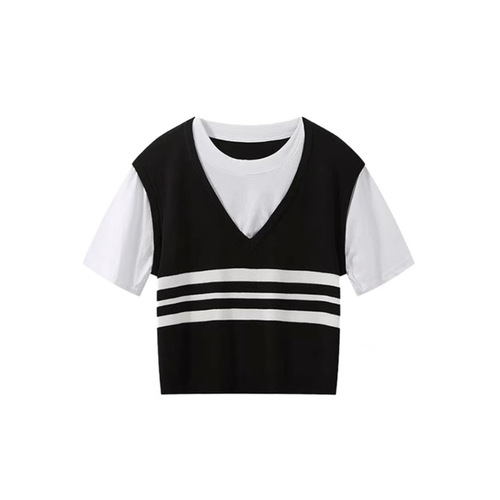 College-style color-block striped faux two-piece ice silk short-sleeve knitted T-shirt for women—perfect for summer, flattering and slimming for petite figures.