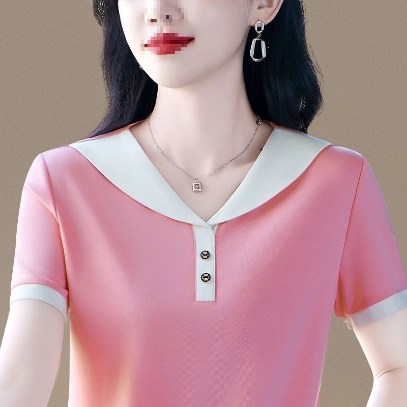 Stylish and versatile sailor collar short-sleeved T-shirt for women, new summer style for 2026, chic, thin, breathable, casual short-sleeved top.