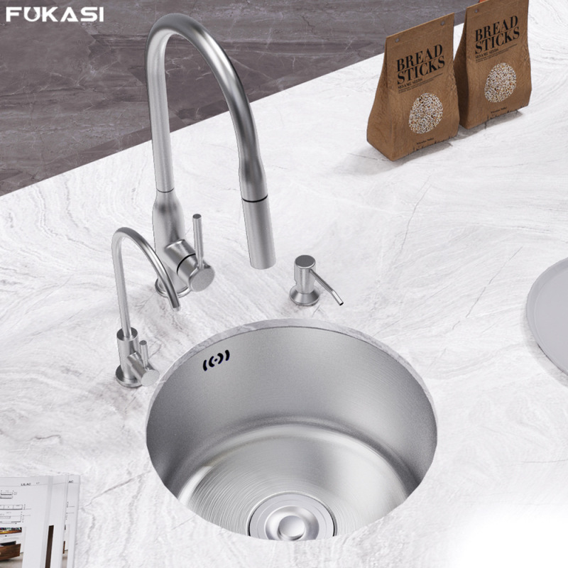 SUS304 Stainless Steel Sink Single Sink Vegetable Washing Basin Stainless Steel All-in-One Basin Counter Basin Round Bar Island Sink