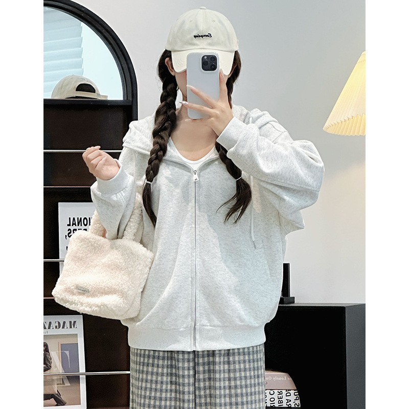 美式浅灰色卫衣女秋季2025新款复古连帽外套宽松慵懒百搭开衫上衣|undefined