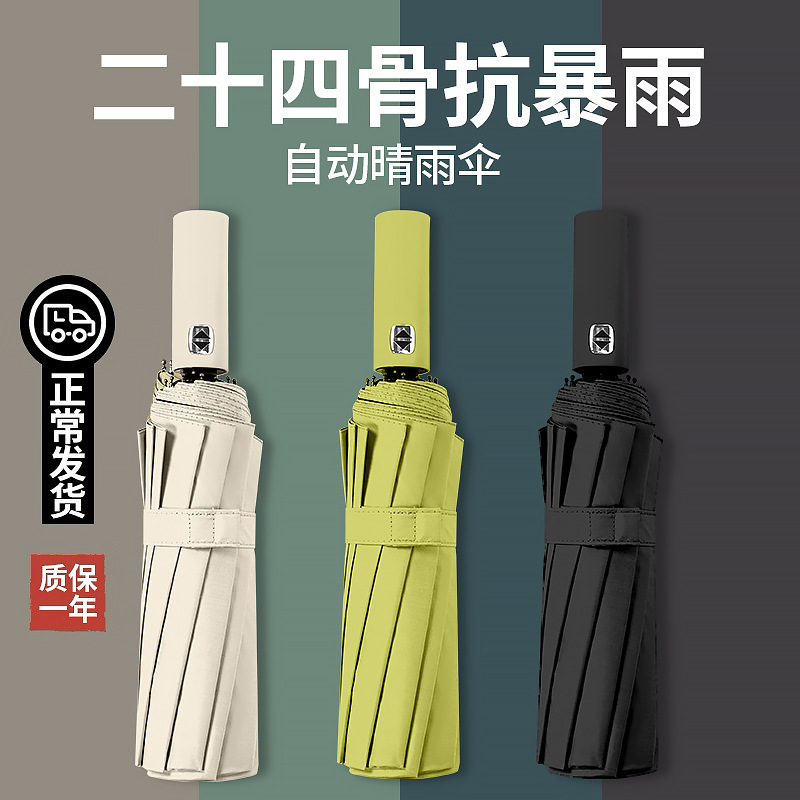 24-Bone Large Automatic Umbrella for Women, Rain or Shine, Men's Reinforced Wind-Resistant Foldableing Sun Umbrella, Sun Protection, Purple Outer Wire Cover