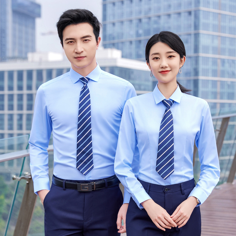 秋 男性と女性 同じ金額 平らな線 弾力 長袖 青だ プロのシャツの女の子 販売 正装 ホワイトカラー マネージャー 作業服 中国仕入れ Com