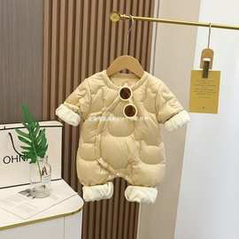 婴儿轻薄绣花绒羽绒服男女宝宝冬款羽绒连体衣婴童满月百天外出服