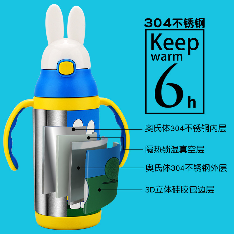 Taza de vacío Miffy Taza de vacío para niños de alto valor Taza de paja de acero inoxidable 304 Taza de agua para niños de gran capacidad para la escuela