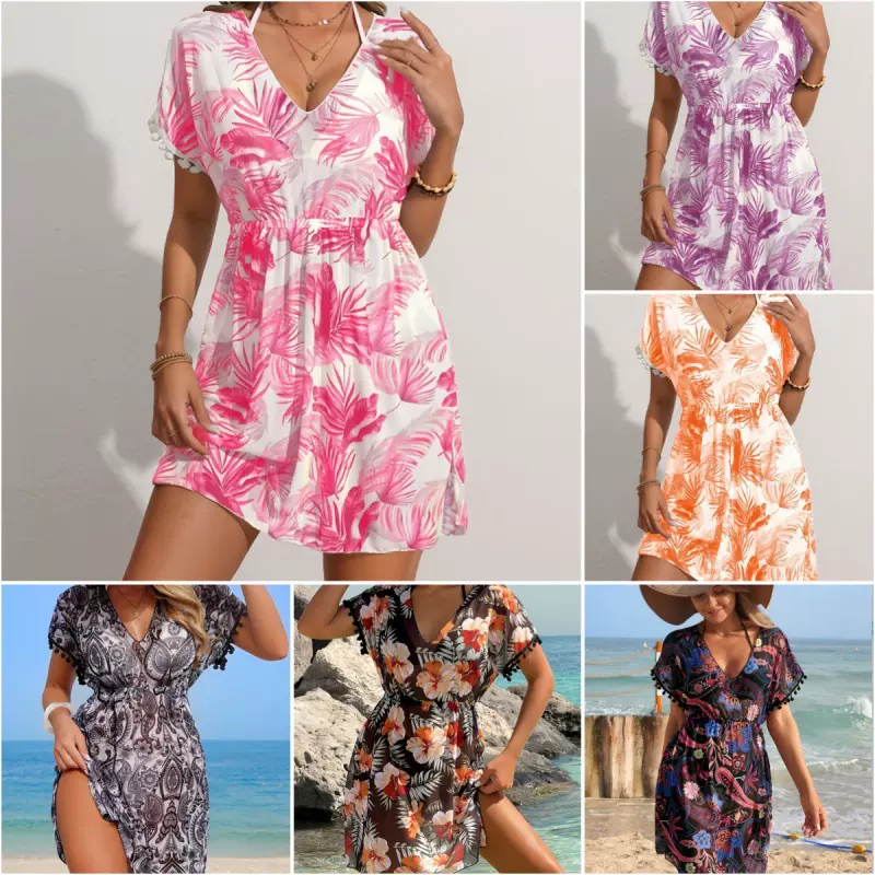 2025欧美新款比基尼罩衫亚马逊跨境印花短袖网纱连体收腰沙滩罩衫