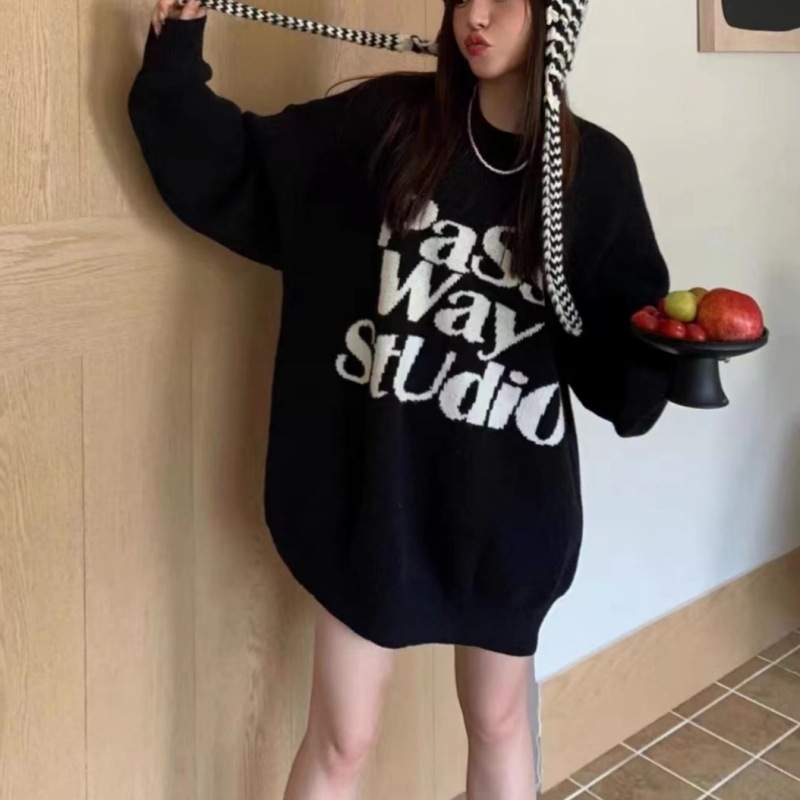 Estilo japonés retro primavera y otoño nueva ropa de abrigo pullover atmósfera carta contraste color Top perezoso estilo suéter para las mujeres