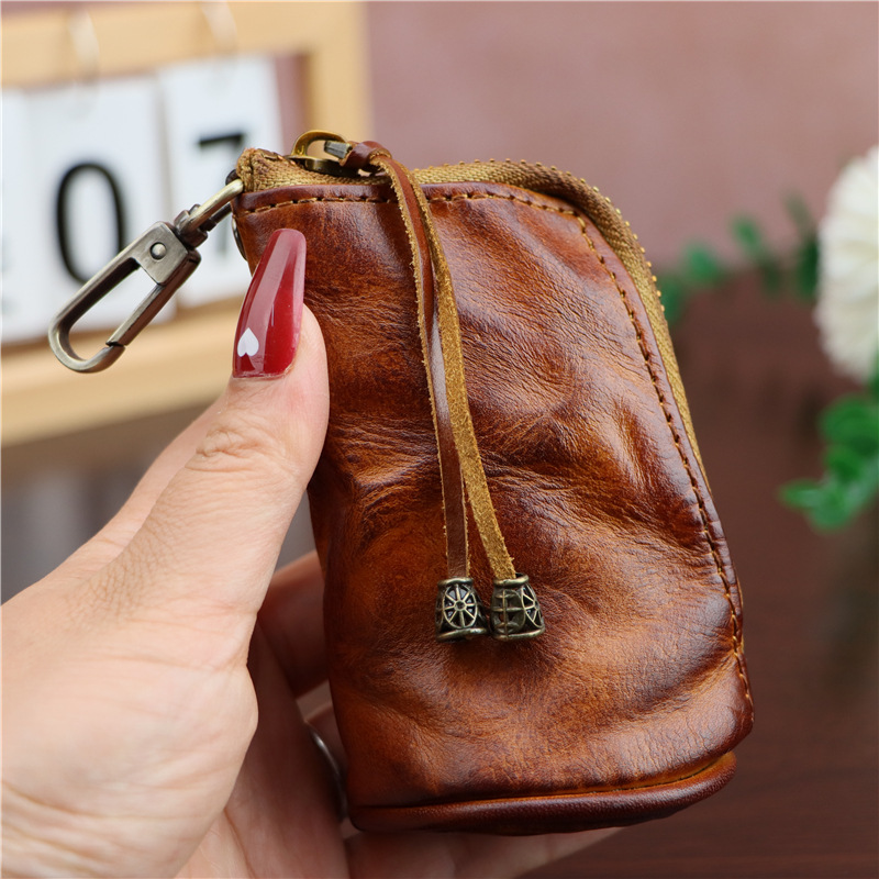 The first layer of leather new vintage key bag waist hanging old mini large capacity clutch bag hanging buckle key bag