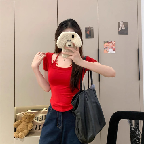 5095# Summer new style bow fake two-piece halter neck tie short sleeve T-shirt for women sweet hot girls slim curved short style