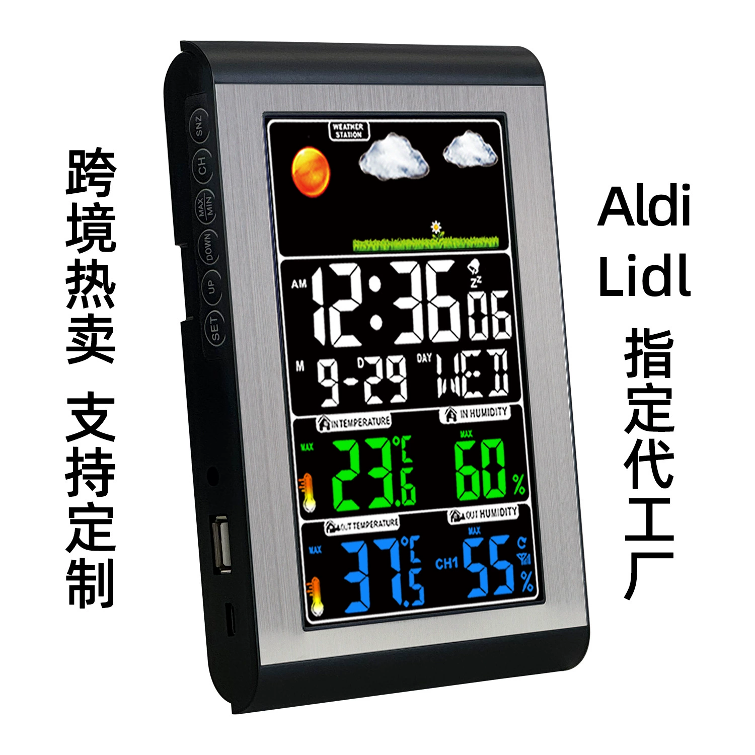 Популярные трансграничные часы с цветным экраном VA, прогноз погоды, 433 МГц, беспроводная передача, измеритель температуры и влажности, вечный календарь, цифровой будильник