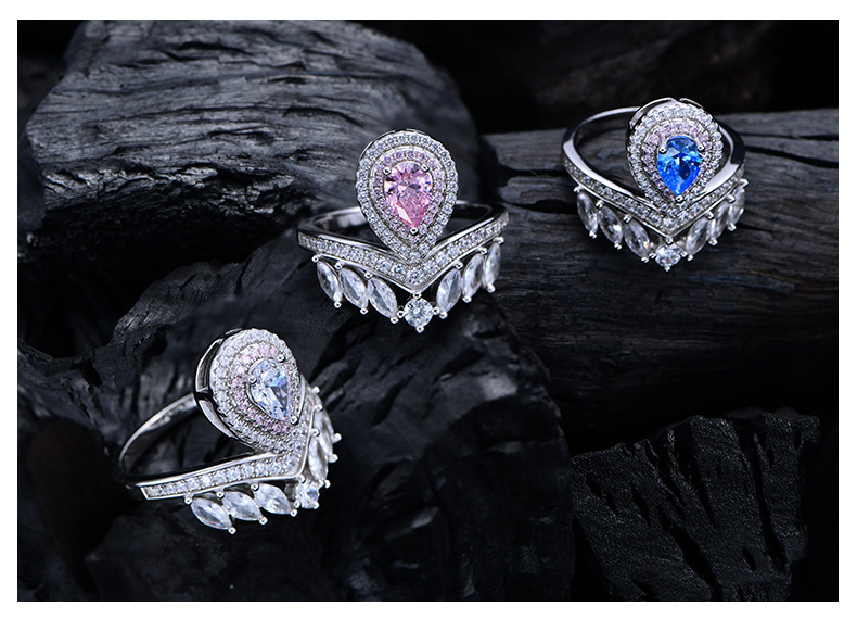 Fashion Water Droplets Sterling Silver Inlay Zircon Rings 1 Piece