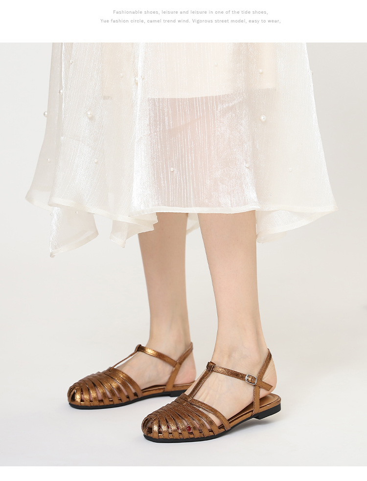 Metallic Shiny Roman Sandals For Women, Summer Fashion Closed-Toe Flat Shoes With Single Strap And Hollow Design,_desvips.com