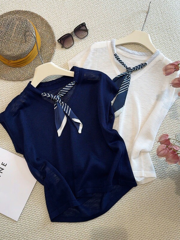 College Style Tie Short-Sleeved T-Shirt Women's Knitwear 2025 Summer New Style Loose T-Shirt Top