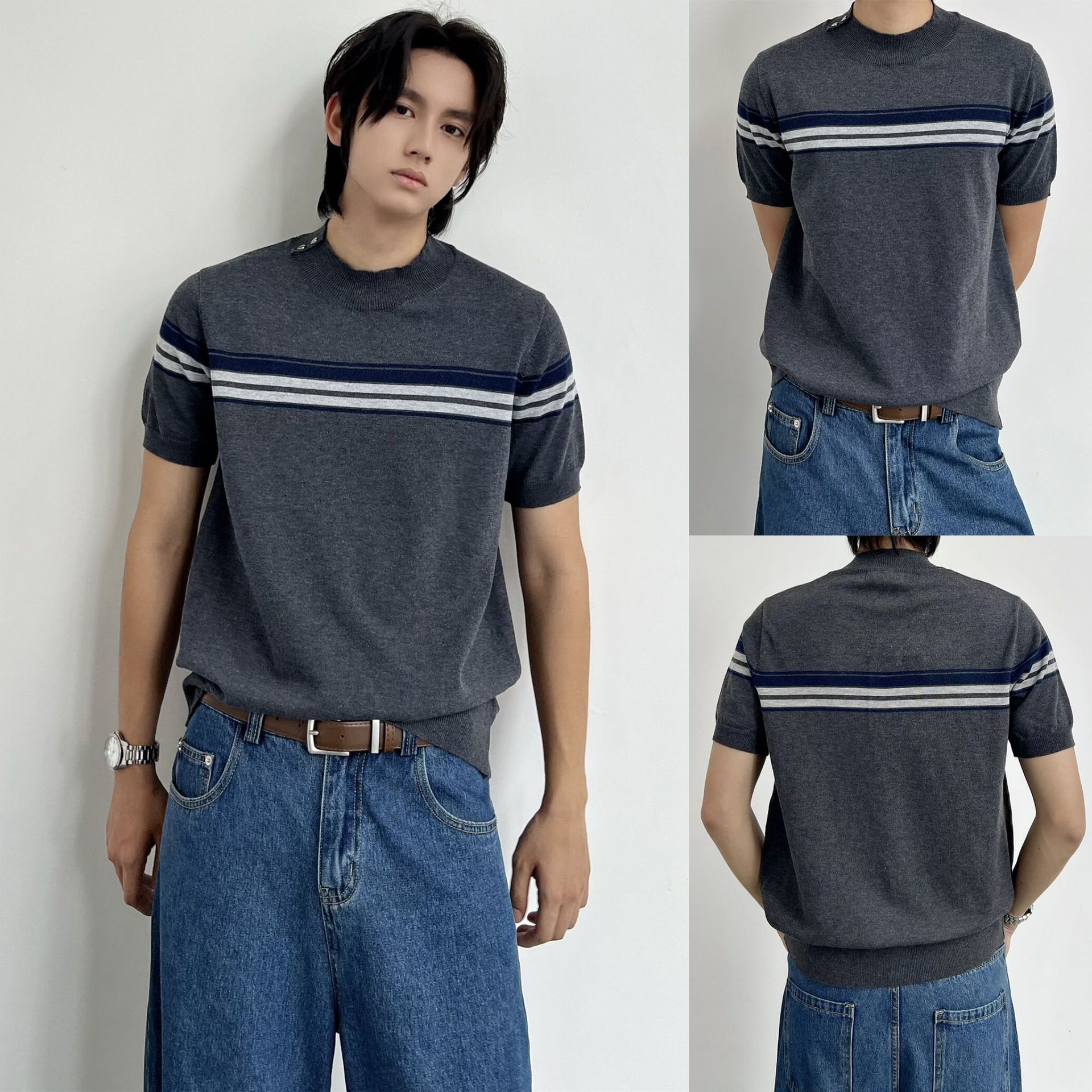 Gray series series de botones a rayas grises oscuras camisetas de punto camisas de manga corta hombres y mujeres viejos viento de hielo seda fábrica transfronteriza al por mayor