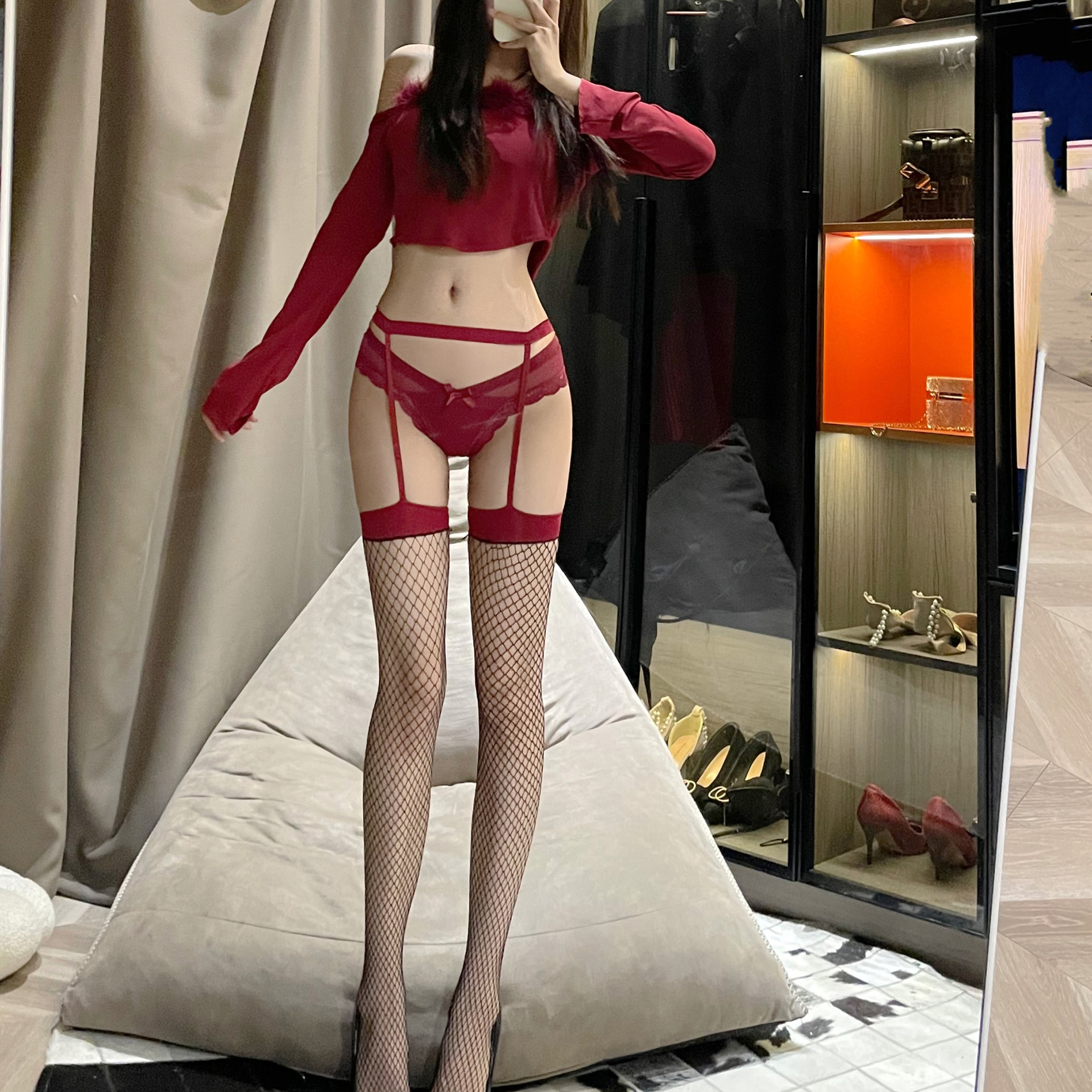 Sexy Garter Stockings with Nightclub Disco Suspenders, Pure Lust Red Contrasting Red Edge Long Tube Sexy Stockings