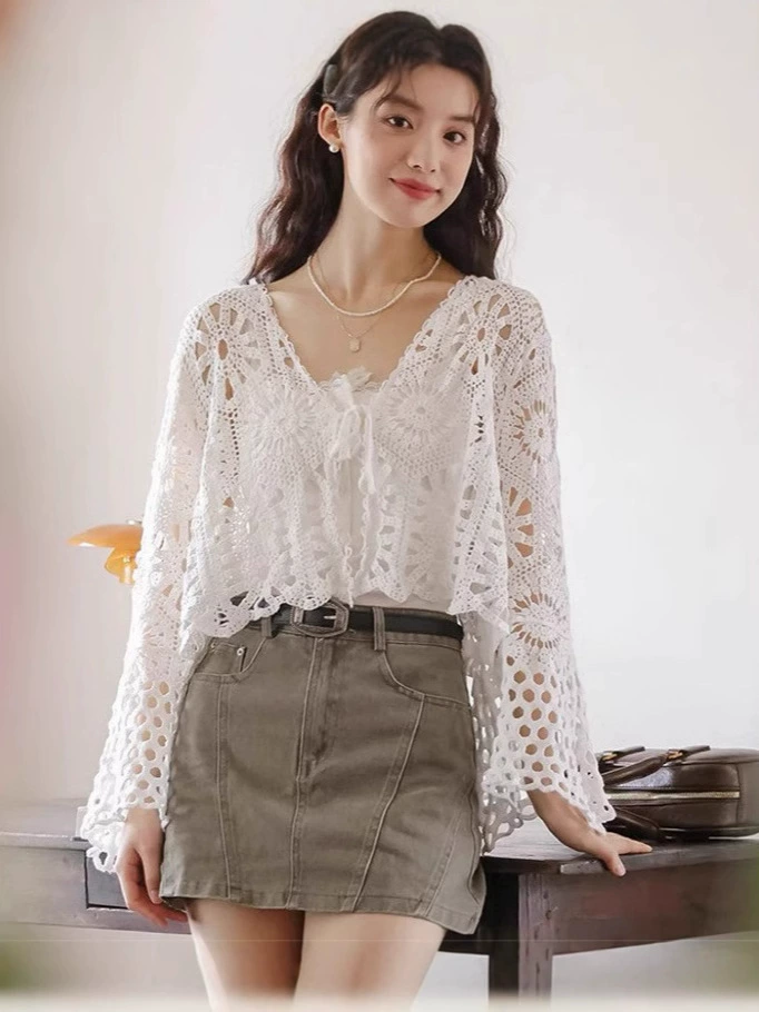 Summer thin knitted sweater, beach long-sleeve, jacket, with embroidery
