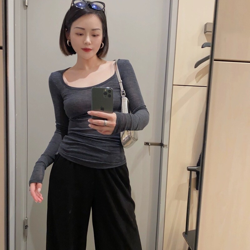 Autumn New Product C*Os Style Women's Fitted Scoop Neck Merino Wool Blend Top Base Layer Shirt