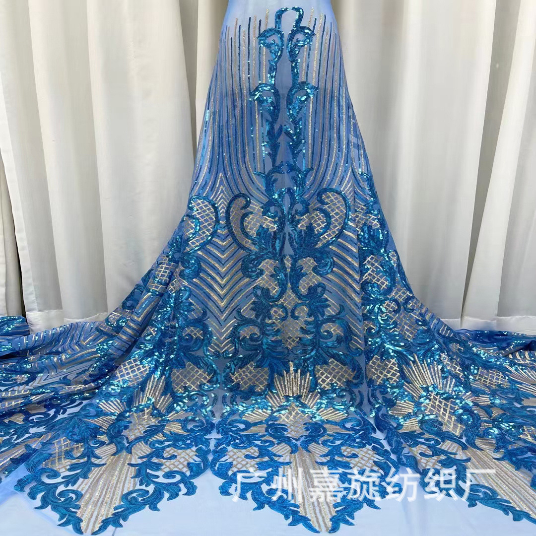 Lentejuelas tela de encaje africano europeo y americano vestido de novia moda bordado tela de encaje de lentejuelas JX1296