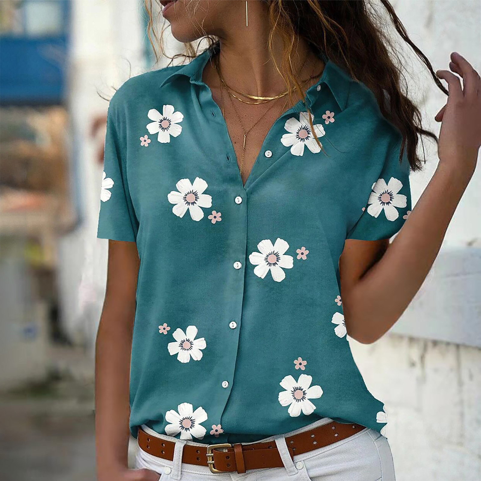 Fashion Flower Cotton Blend Polyester Shirt Collar Long Sleeve Regular Sleeve Printing Blouse