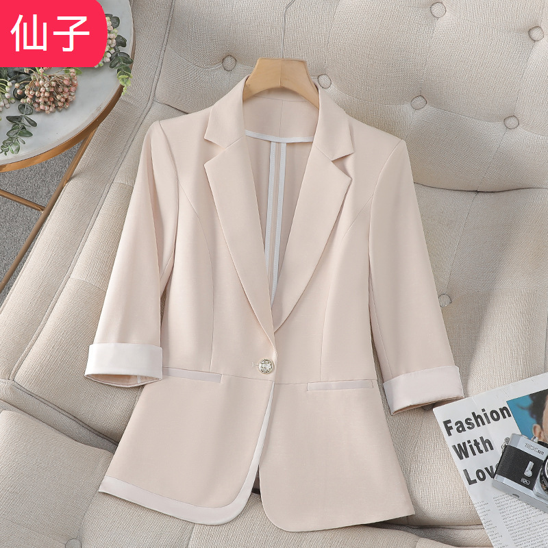 Spring 2025 New High-end All-match Elegant Professional Casual Suit Top Mid-sleeve Blue Suit Jacket for Women Spring 2025 New High-end All-match Elegant Professional Casual Suit Top Mid-sleeve Blue Suit Jacket for Women