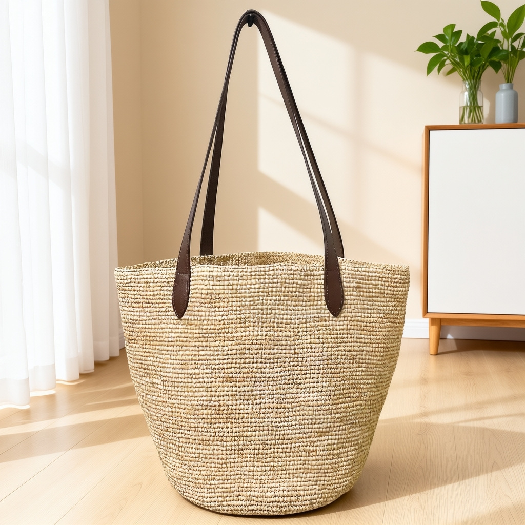 Niche Design Vacation Style Raffia Cowhide Shoulder Bucket Bag For Women, New Summer Large Capacity Casual Handbag - Thumbnail 6