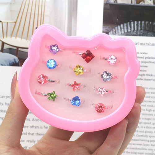 New children's ring 12 love boxed rhinestone hand ornaments girl toy ring foreign trade supply rhinestone meson