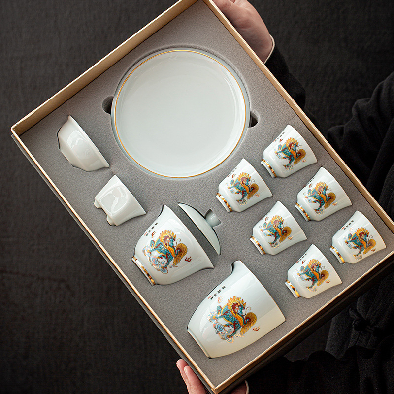 陶瓷功夫茶具套装盖碗茶杯一整套影青茶具全套德化茶具高档礼盒装