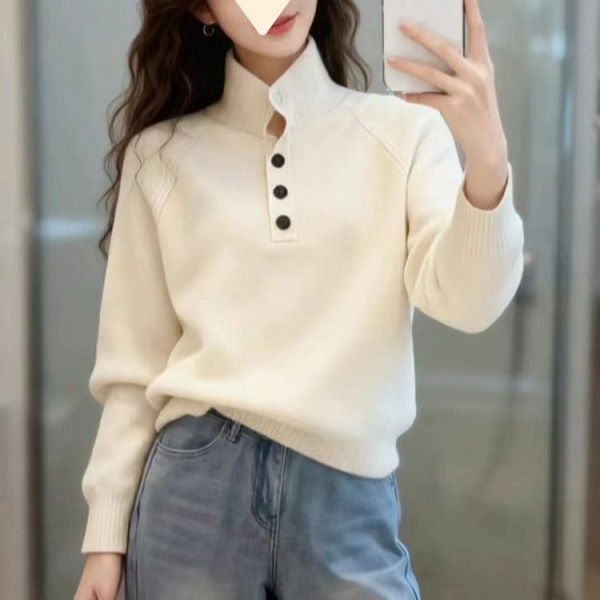 부드러운 스웨터 여성 터틀넥 단추 니트 나른한 바람 오버핏 스웨터 감령