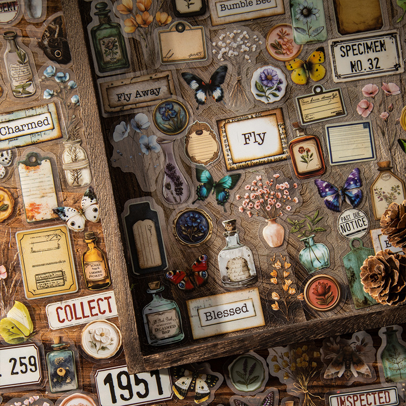 Rosemary viejos sueños materiales retro PET pegatinas ramo etiqueta mariposa collage multi-tamaño combinación decoración de campana de mano