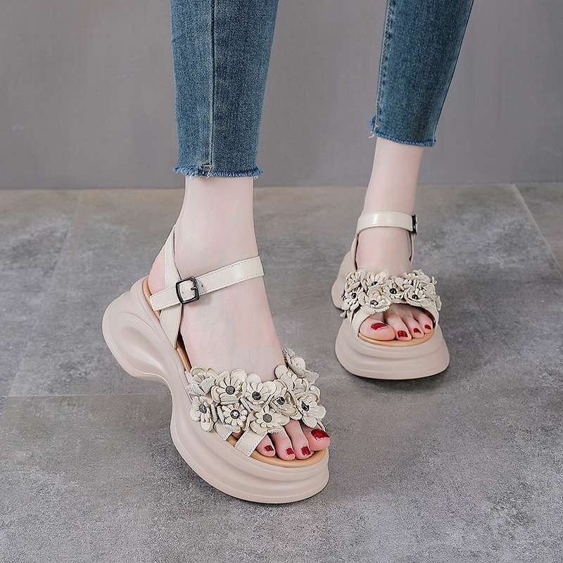 Xăng đan nữ quai chữ V đế dày bohemian da bò mùa hè — Màu be