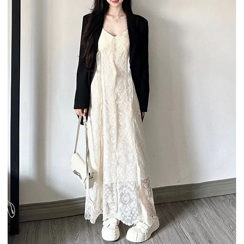 GraceChic 2025 Autumn Korean Style Lazy Elegant Super Fairy Strap Dress With Casual Blazer Fashion Two-Piece Set For Women_voghion.com