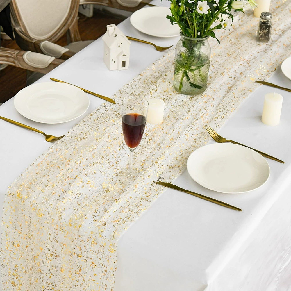 Марлевая дорожка для стола, 70×180–400 см, с золотой или серебряной фольгой, подшита с 2 лентами