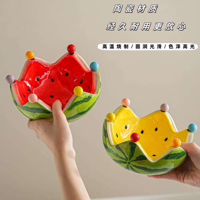 Artículo creativo de sandía en forma de cerámica bandeja de frutas horquilla de frutas conjunto de mesa de té de sala de estar casera horquilla de postres horquilla de almacenamiento tazón