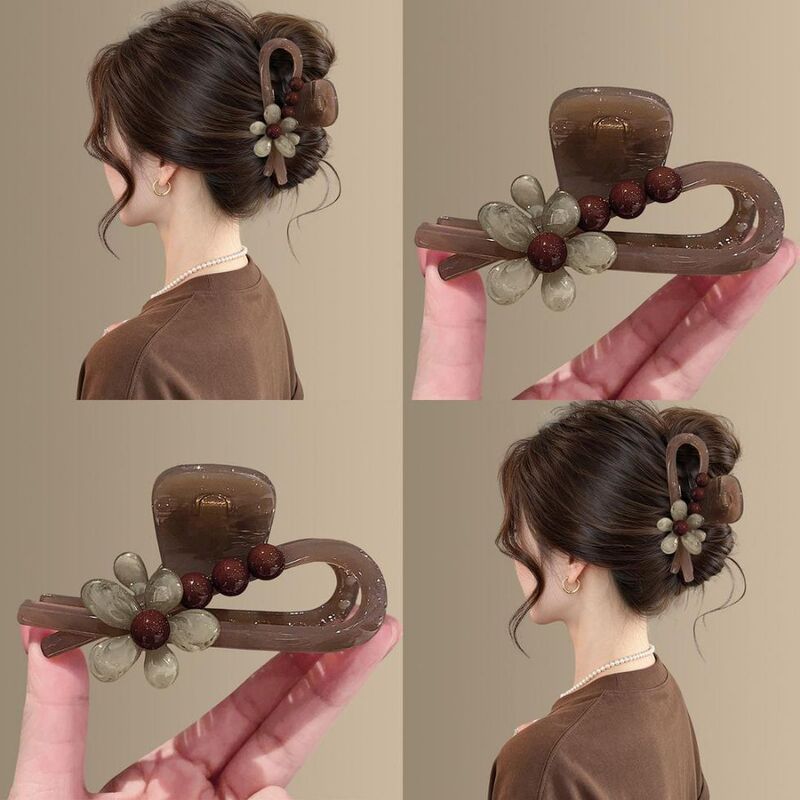 Deep mocha color ~ Vintage coffee color with gradient tea-colored floral design claw clip, 2026 new model, back-of-the-head shark clip, ponytail clip
