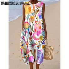 跨境新款亚马逊独立站3d印花圆领套头时尚休闲女士无袖连衣裙