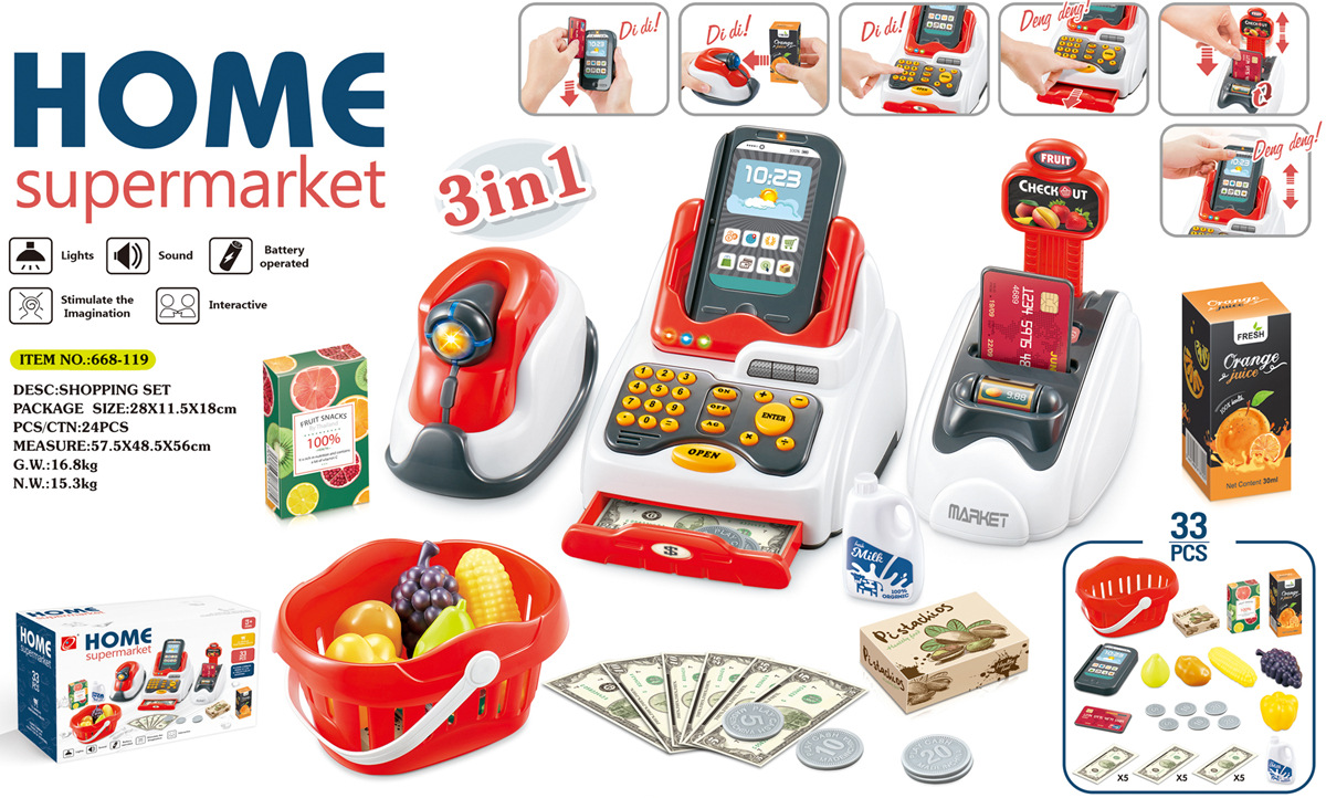 Comercio exterior niños de simulación de escaneo de tarjetas de crédito cesta de la compra caja registradora juego casa supermercado caja registradora combinación traje Juguetes