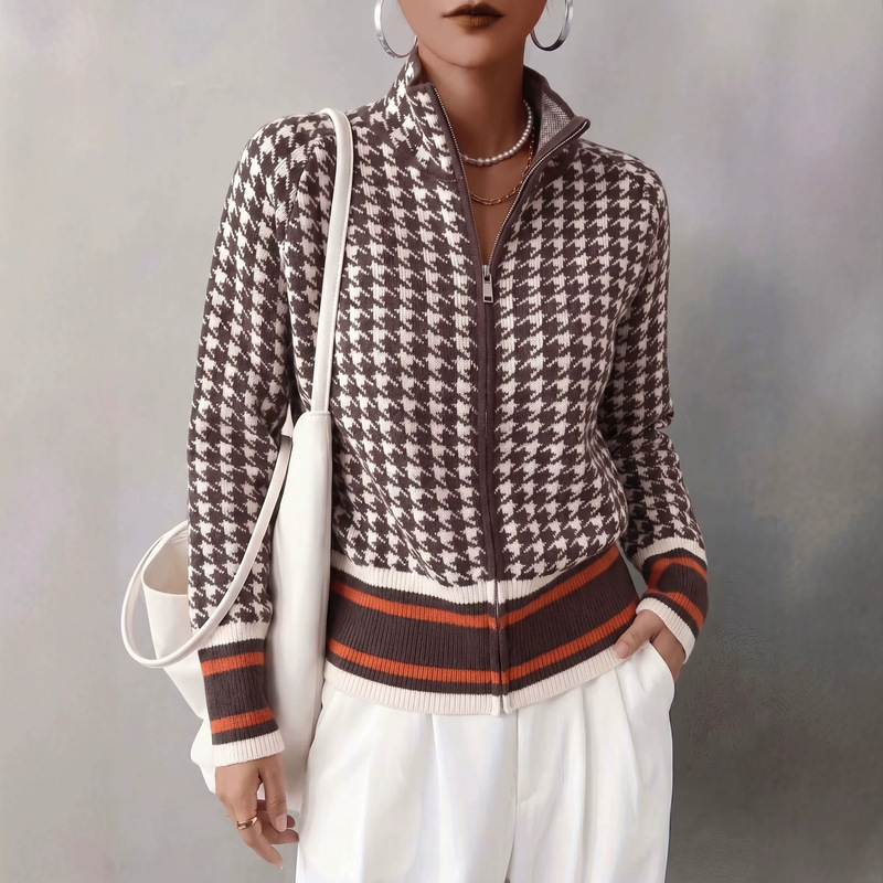 European and American cross-border houndstooth stand-up collar zippered knitted cardigan for women, 2026 new model, color-blocked striped short sweater jacket