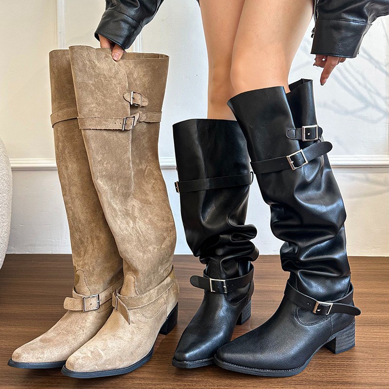 女性用ラージチューブブーツ、太いヒール、膝上ブーツ、2025秋ベルトバックルウエスタンブーツ、ファッション大きいサイズブーツ|undefined