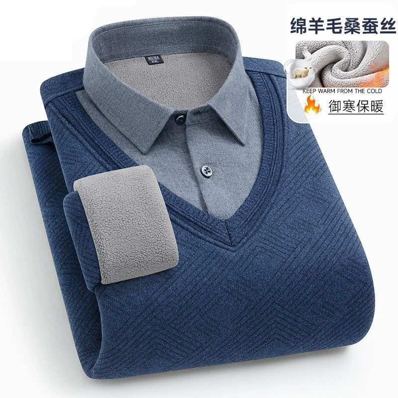 [Шерстяной шелк] осенью и зимой мужские бархатные утолщенные поддельные два теплых свитера