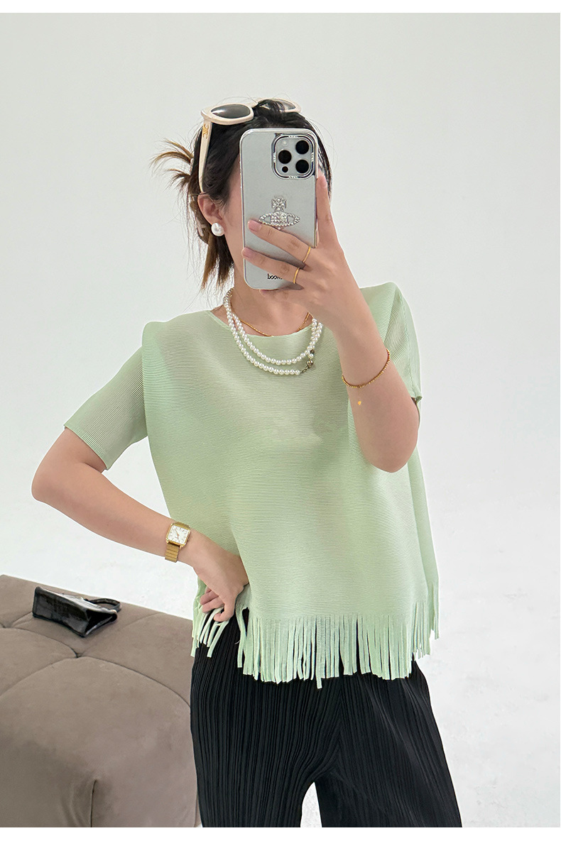 Áo thun nữ cổ tròn tay ngắn xếp ly tua rua form rộng — Màu xanh lam nhạt chi tiết 13