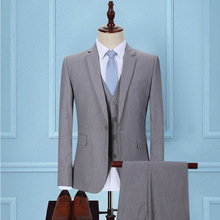 浅灰色男士西服套装韩版修身三件套商务休闲职业正装新郎结婚礼服