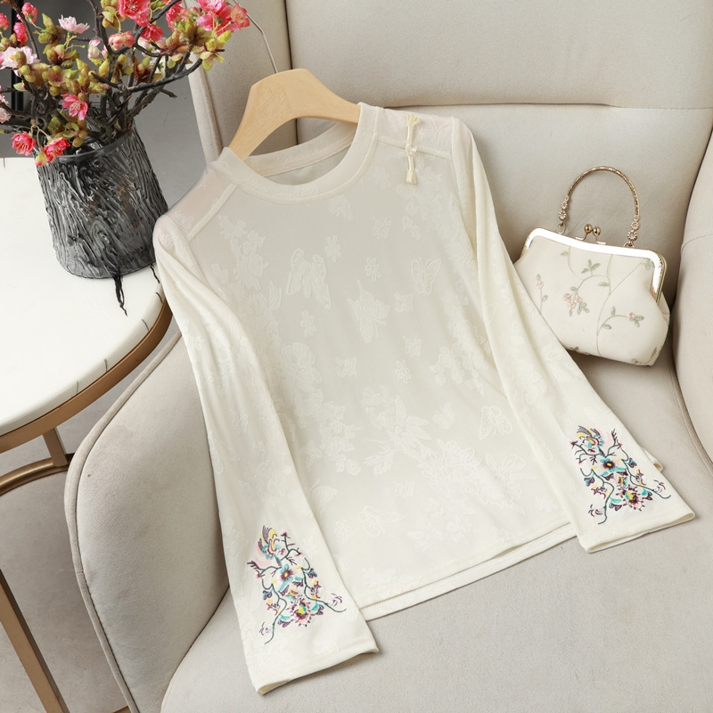 Wholesale 2025 New Round Neck Pullover Long-Sleeved T-Shirt Literary Ethnic Style Embroidered Chinese Style Vest Bottoming Shirt Wholesale 2025 New Round Neck Pullover Long-Sleeved T-Shirt Literary Ethnic Style Embroidered Chinese Style Vest Bottoming Shirt