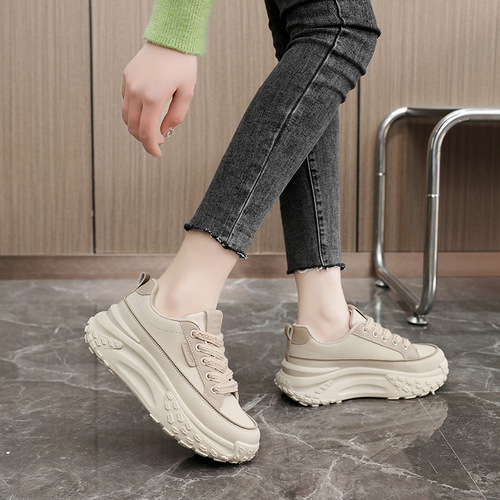 K6710 Plaid Father's Shoes with Thick Sole, Heeled Leather Surface, Sporty Women's Shoes, Fashion Student Edition, Korean Style, Trendy